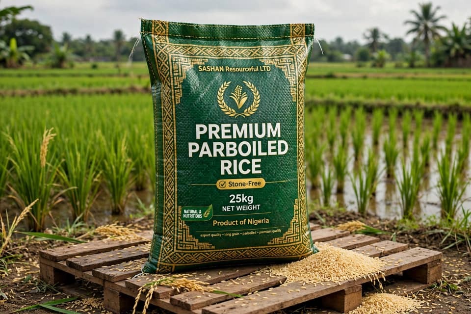 SASHAN premium parboiled rice bag in a rice field