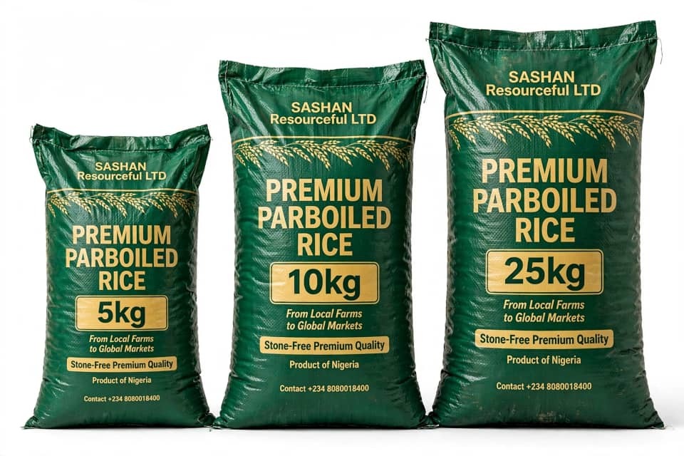 SASHAN parboiled rice in 5kg, 10kg and 25kg bags